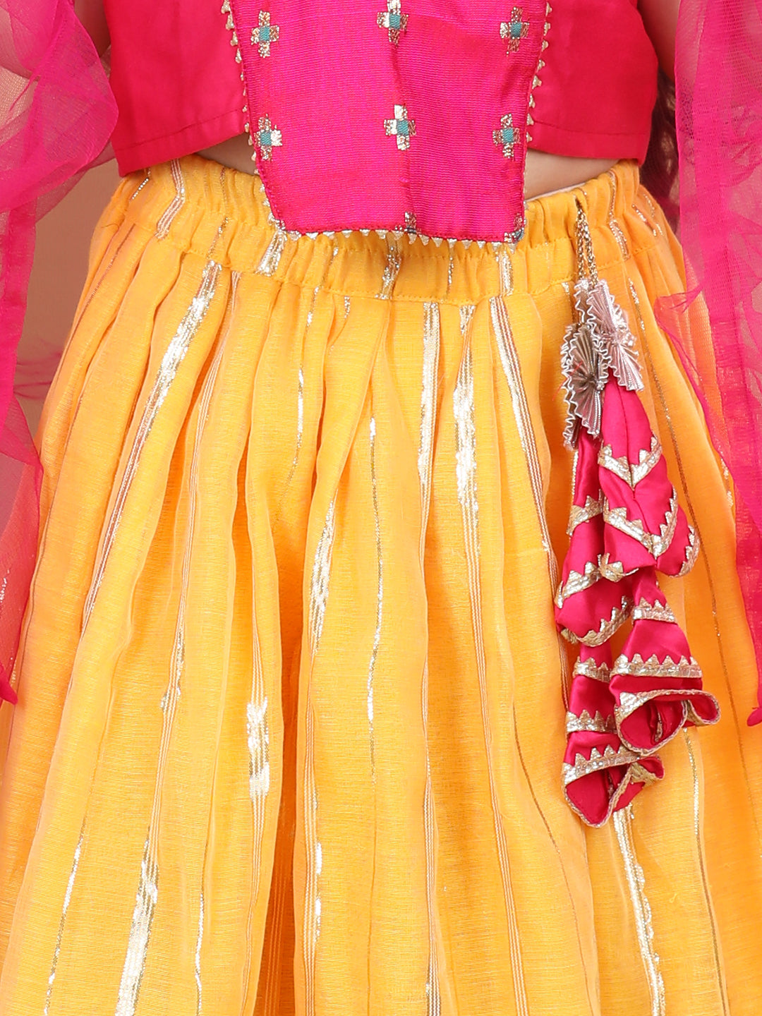 Pink Embroidered Top With Lurex Striped Lehenga & Dupatta