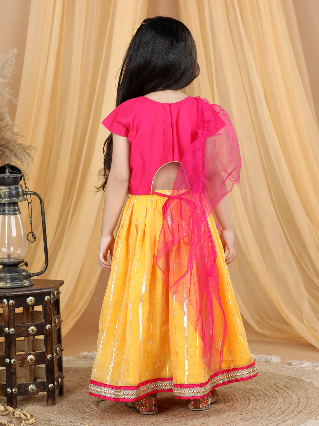 Pink Embroidered Top With Lurex Striped Lehenga & Dupatta