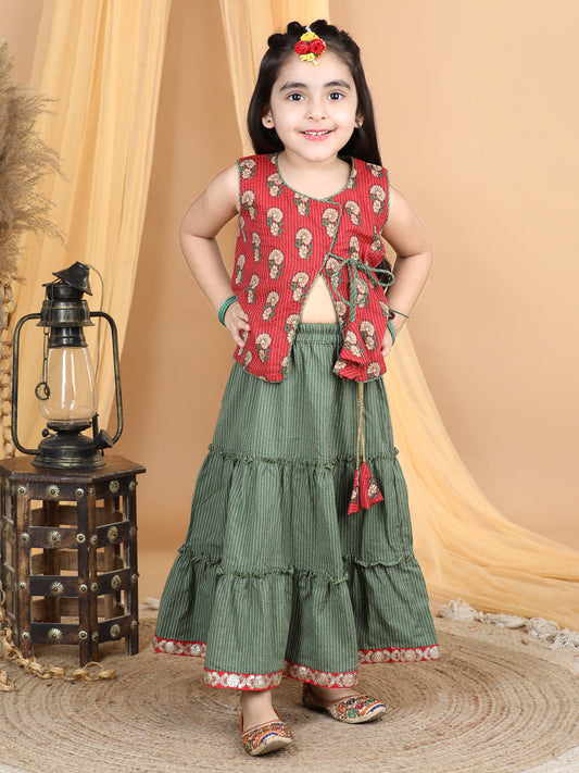 Red Floral Top With Kantha Thread Work Detailed Tiered Lehenga