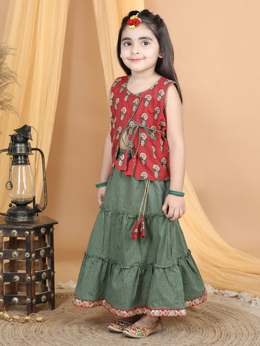 Red Floral Top With Kantha Thread Work Detailed Tiered Lehenga