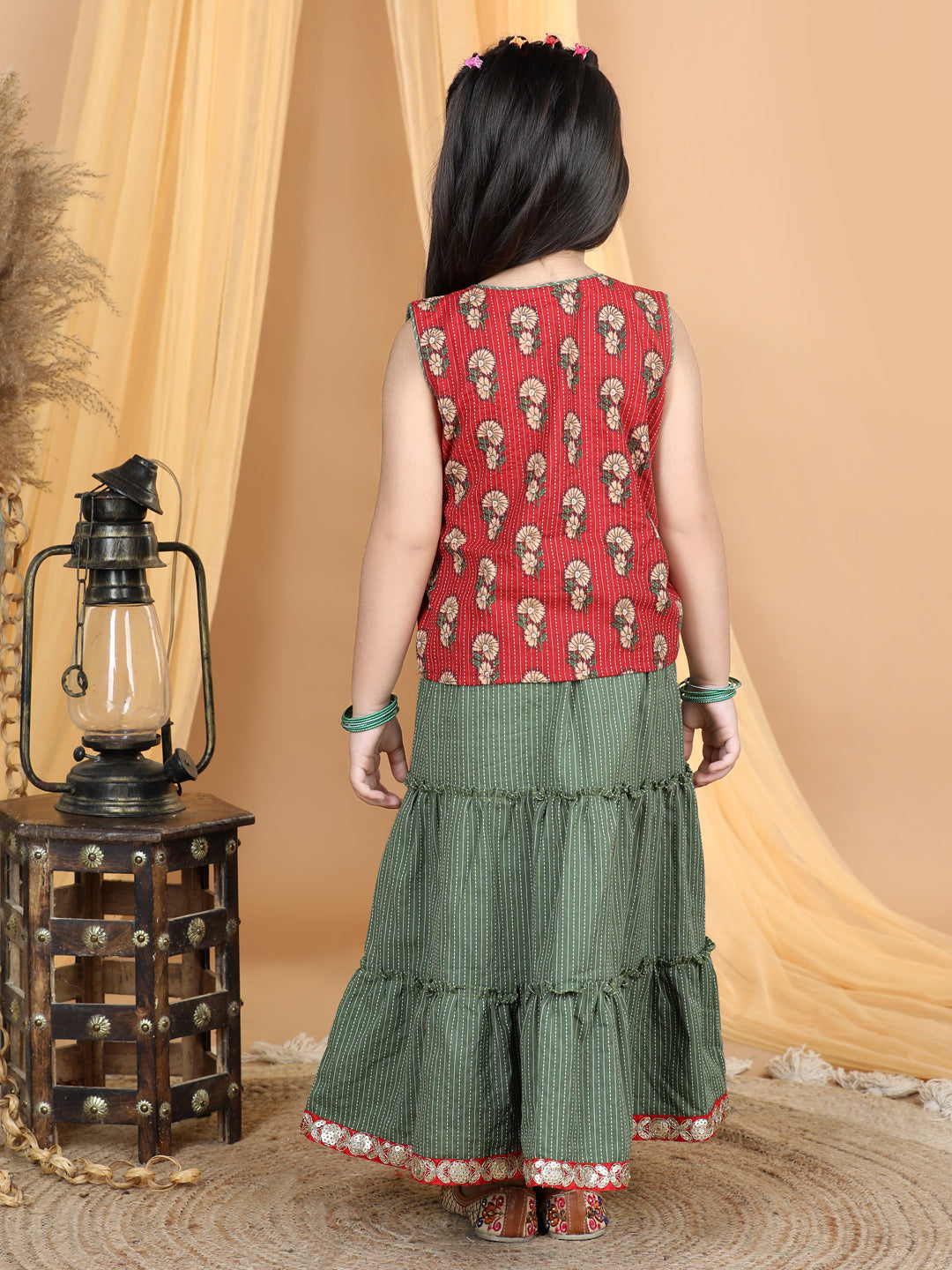 Red Floral Top With Kantha Thread Work Detailed Tiered Lehenga