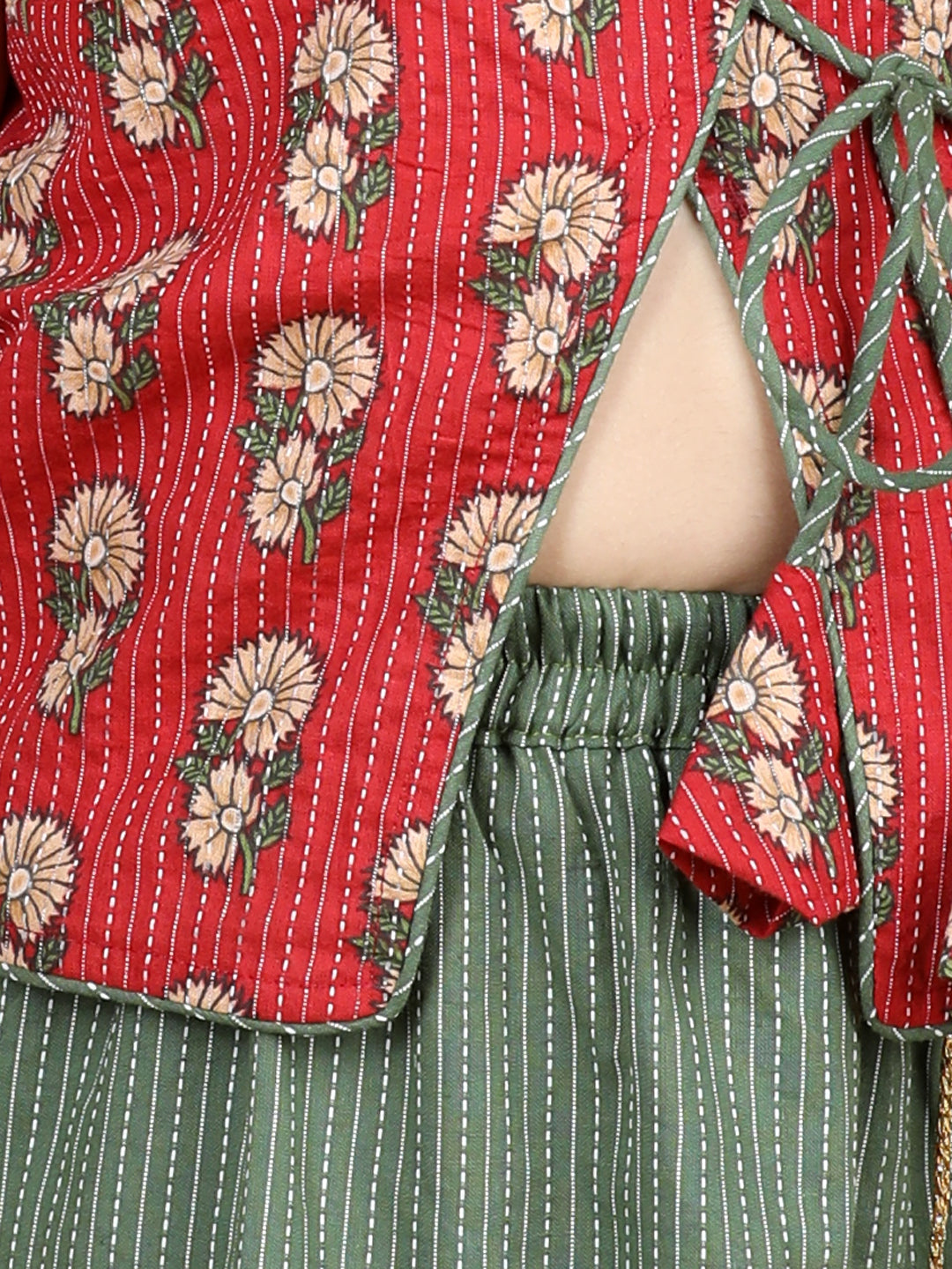 Red Floral Top With Kantha Thread Work Detailed Tiered Lehenga