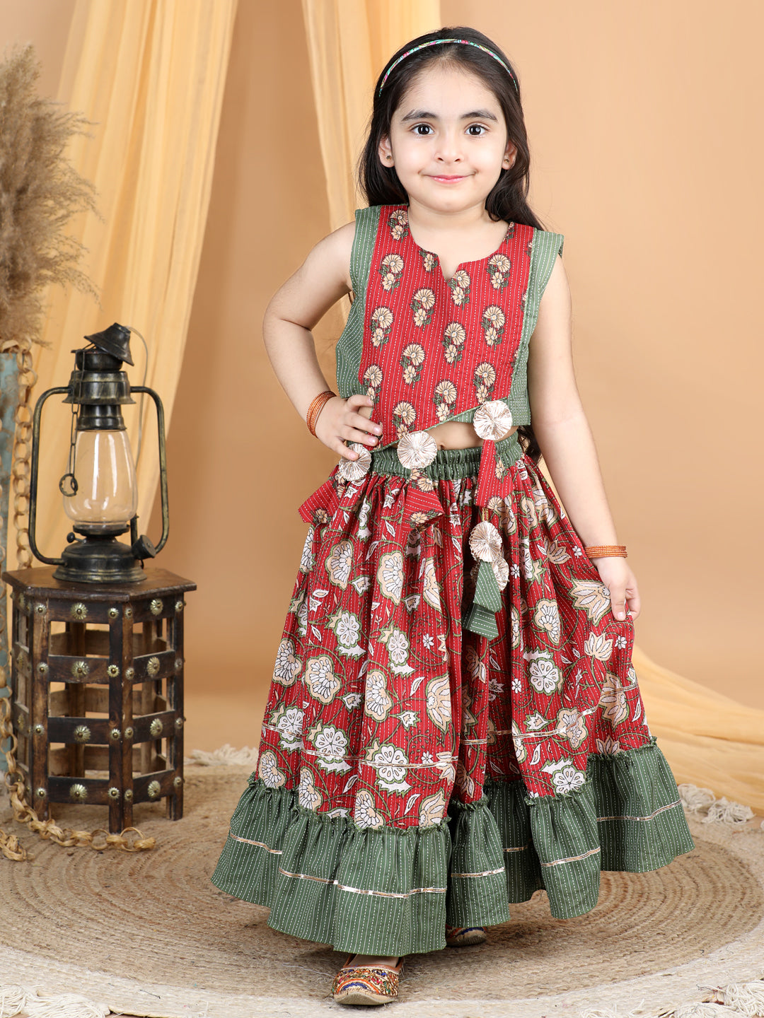 Red Floral top With Printed and Kantha Thread Work Detailed Lehenga