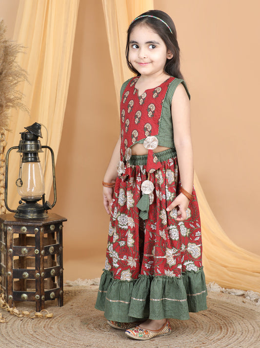 Red Floral top With Printed and Kantha Thread Work Detailed Lehenga