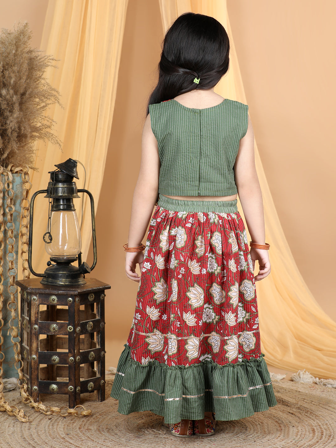 Red Floral top With Printed and Kantha Thread Work Detailed Lehenga