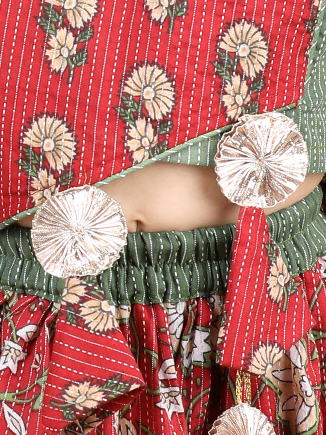 Red Floral top With Printed and Kantha Thread Work Detailed Lehenga