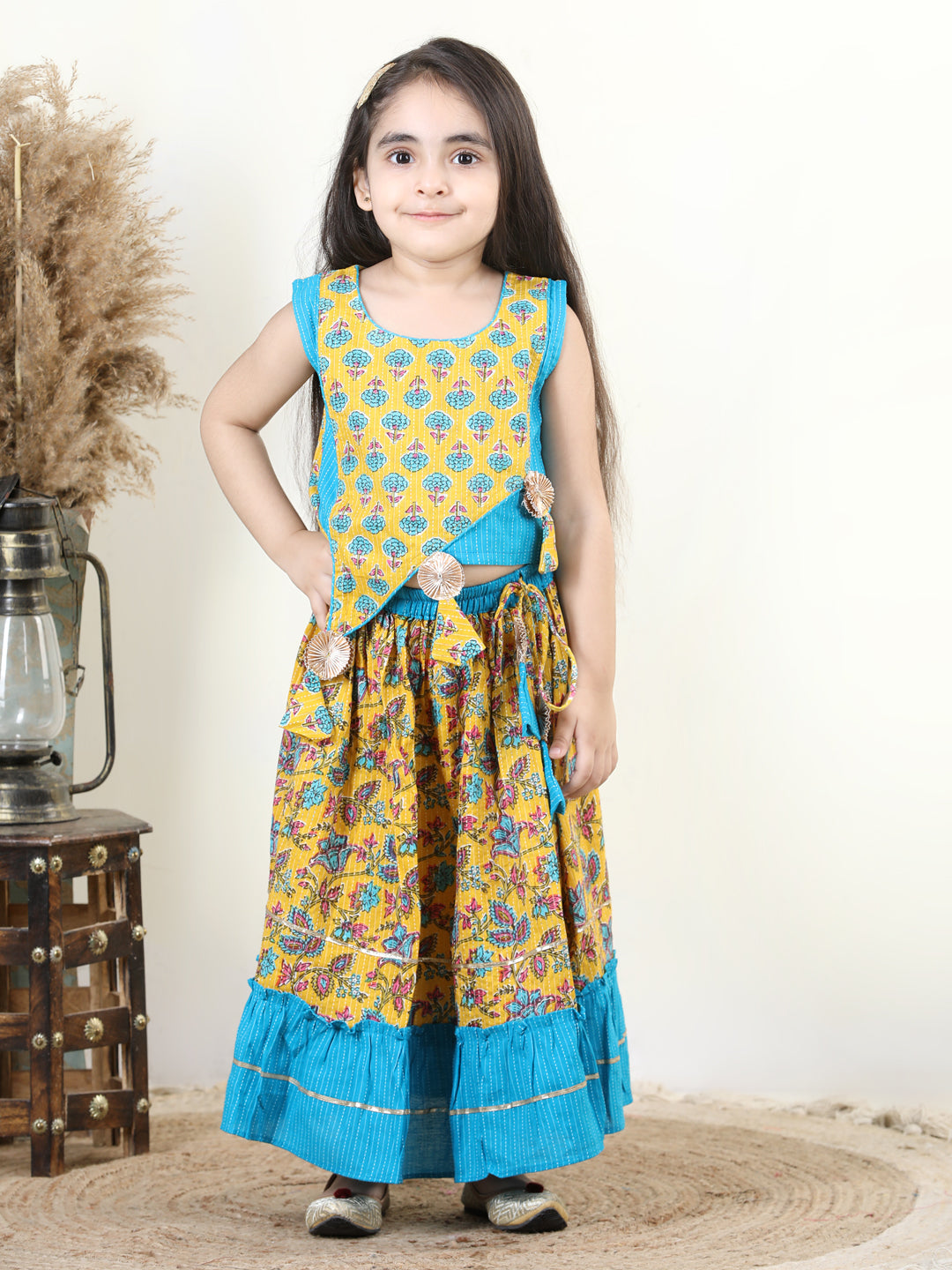 Yellow Cotton Katha Floral Printed Top with Tassels & Layered Lehenga