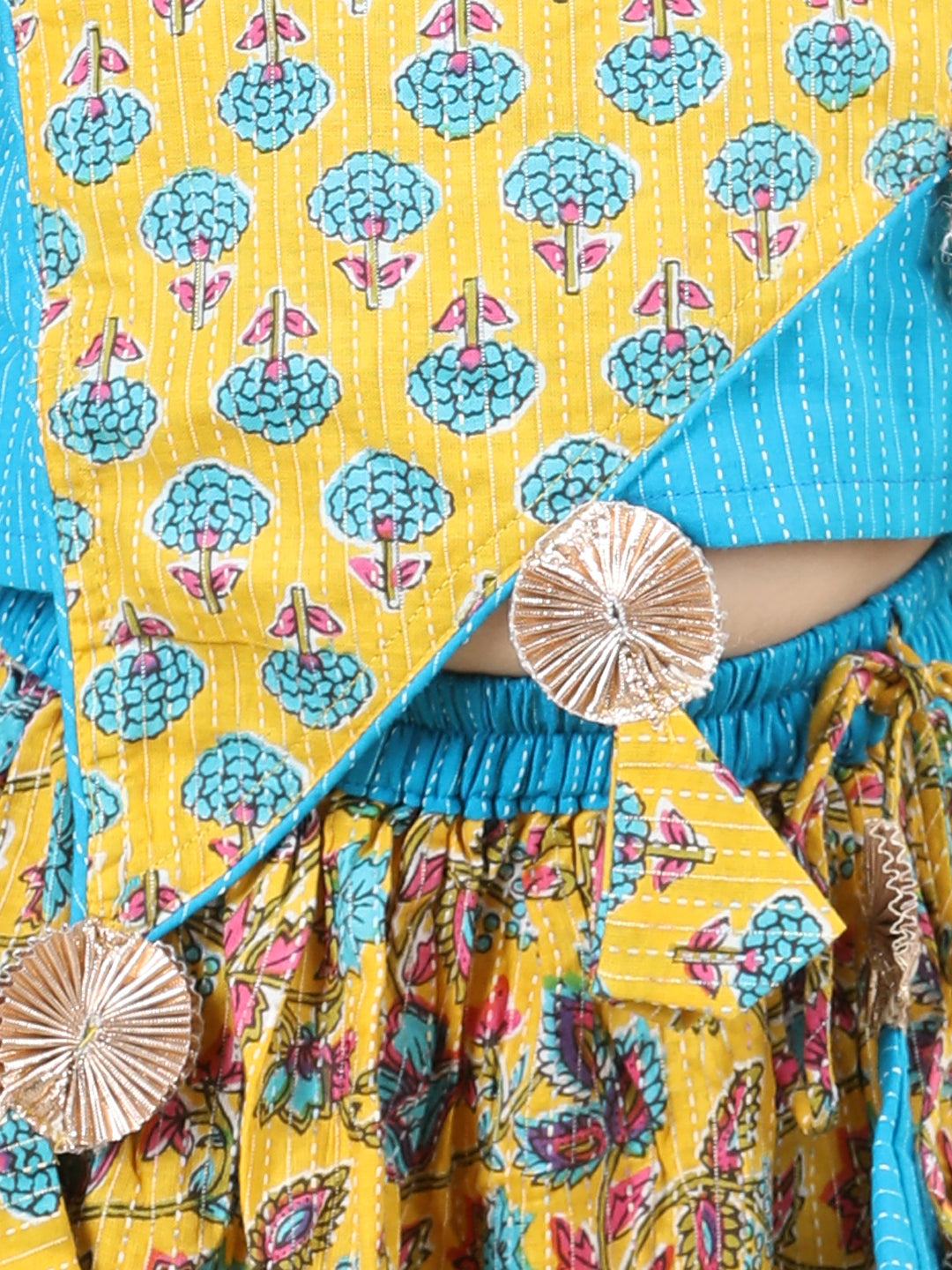 Yellow Cotton Katha Floral Printed Top with Tassels & Layered Lehenga