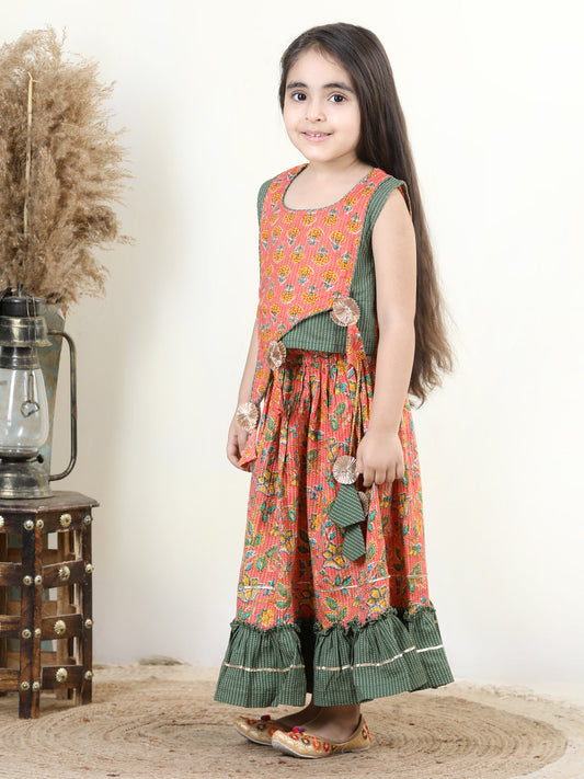 Peach Katha Floral Printed Top With Plain Layered Lehenga