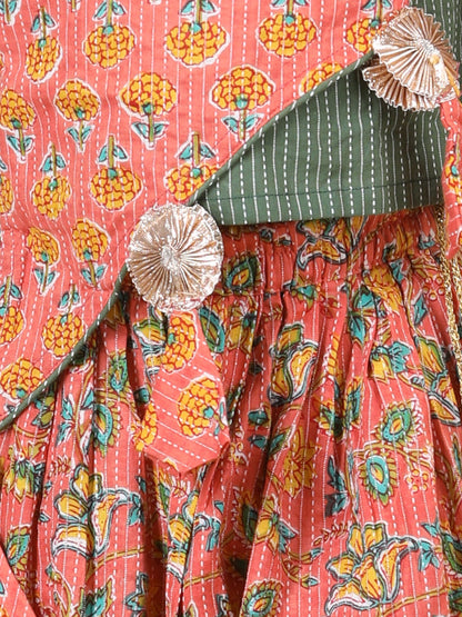 Peach Katha Floral Printed Top With Plain Layered Lehenga