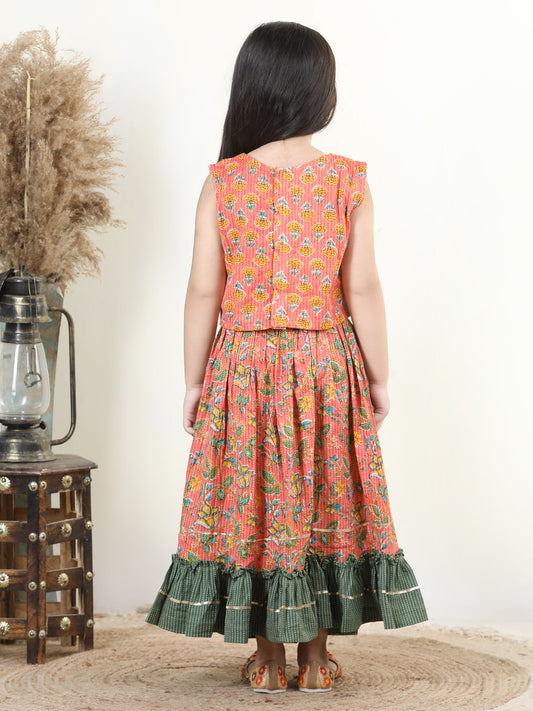Peach Katha Floral Printed Top With Plain Layered Lehenga