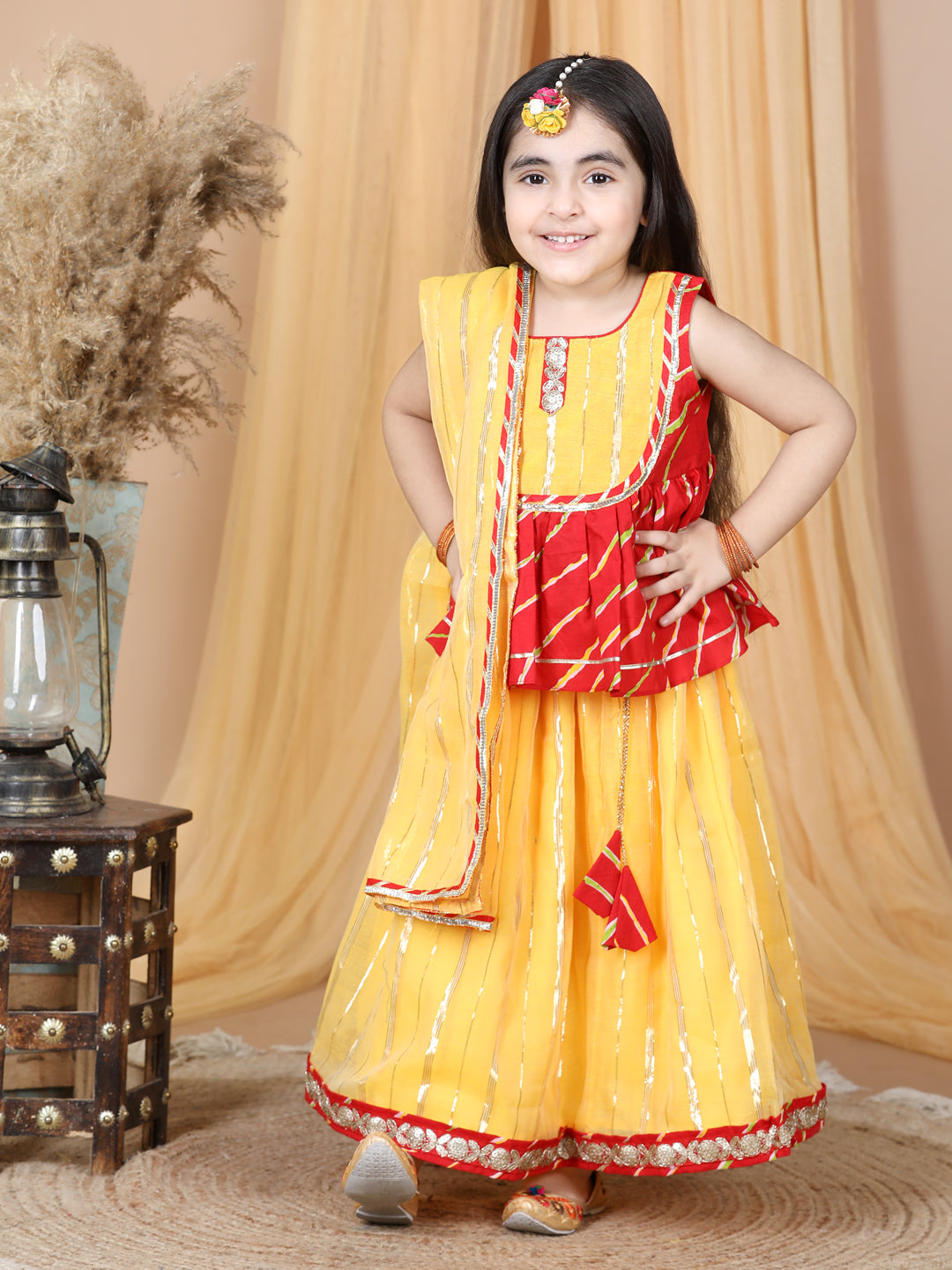 Red Cotton Leheriya Top with Foil Printed Lehenga & Dupatta
