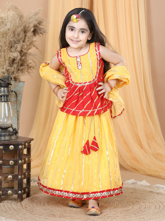 Red Cotton Leheriya Top with Foil Printed Lehenga & Dupatta