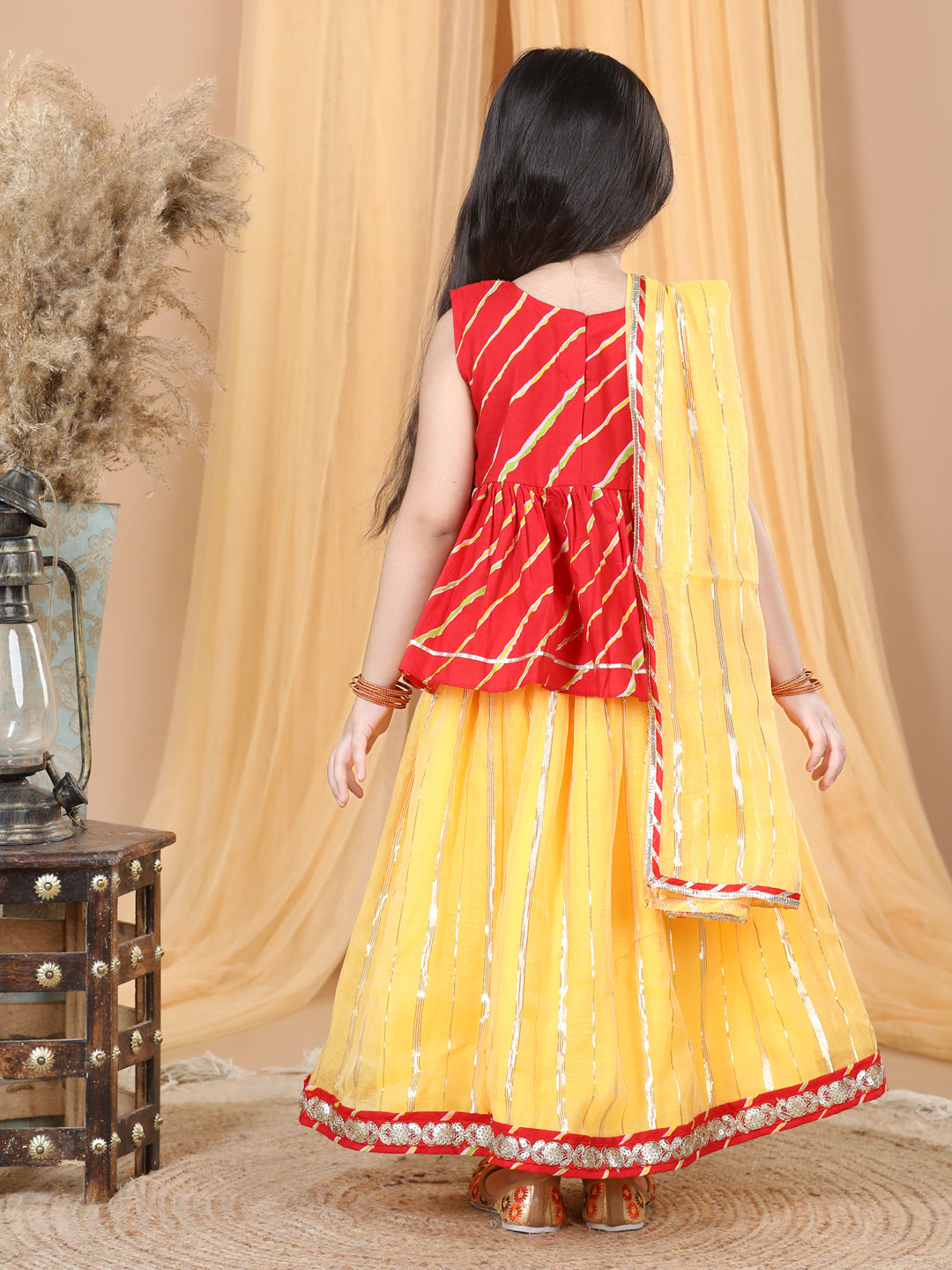Red Cotton Leheriya Top with Foil Printed Lehenga & Dupatta