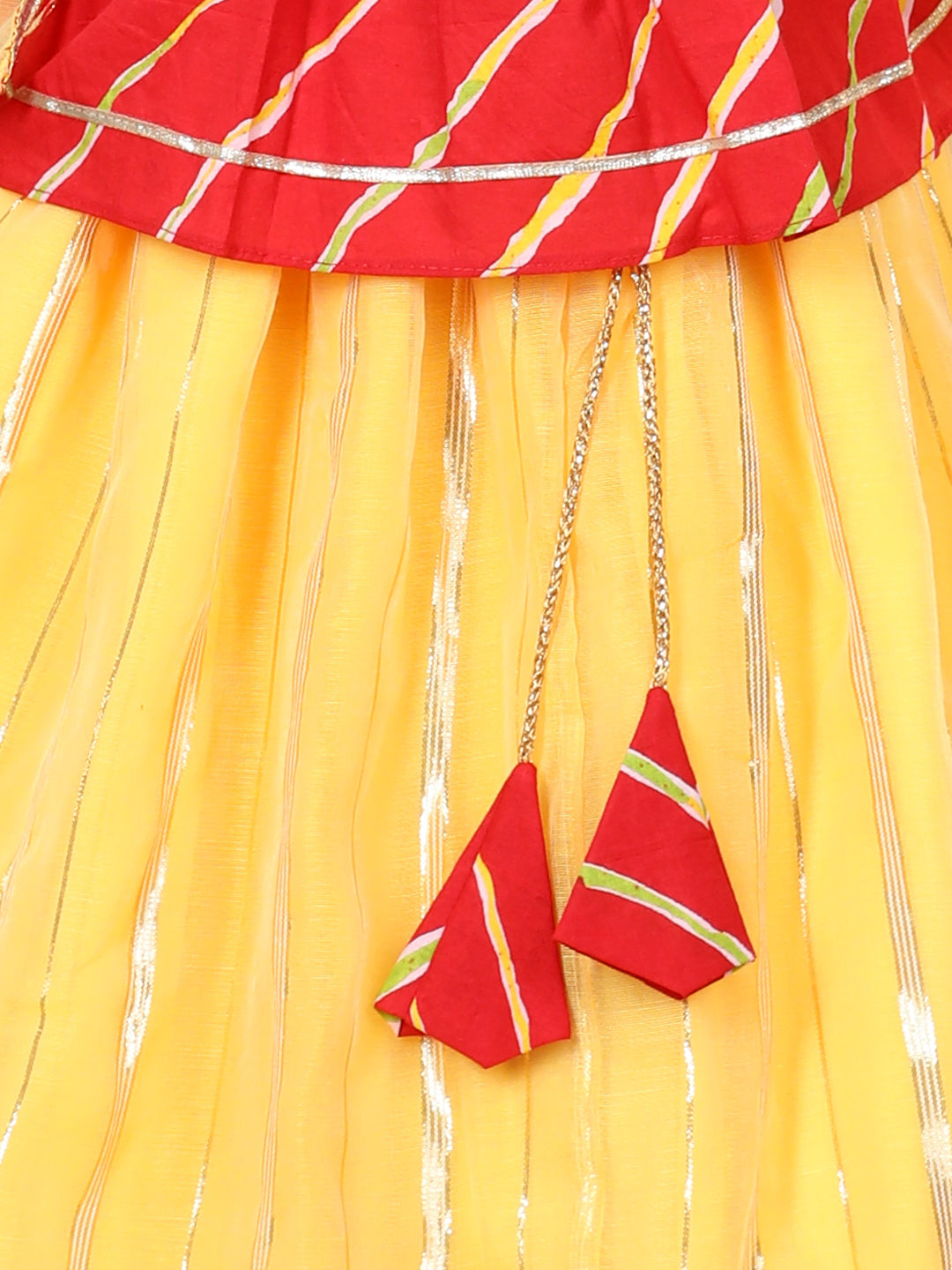 Red Cotton Leheriya Top with Foil Printed Lehenga & Dupatta