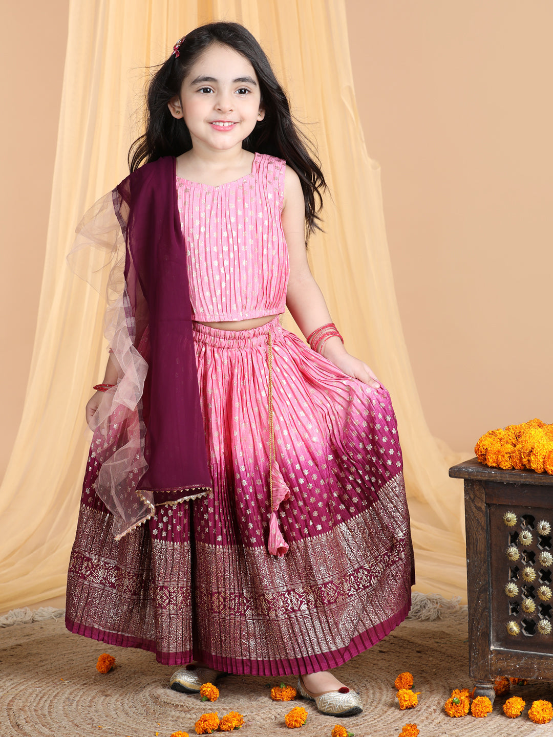 Sleeveless Embroidered Pleated Top And Lehenga