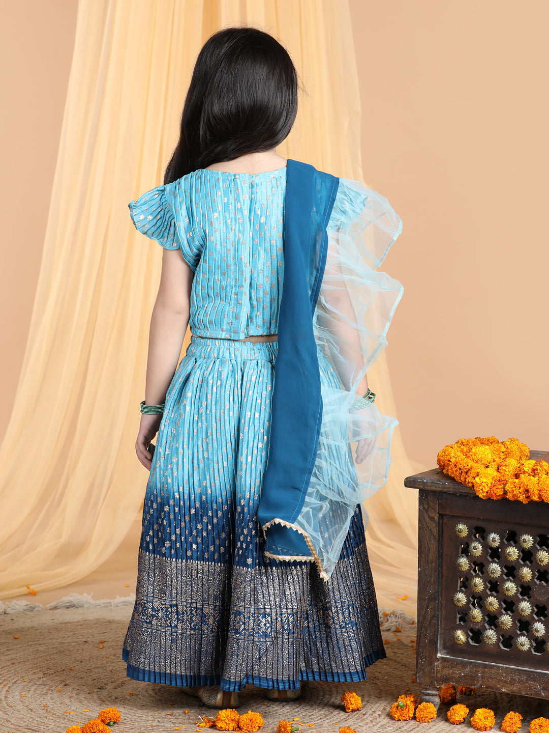 Cap Sleeves Embroidered Pleated Top And Lehenga