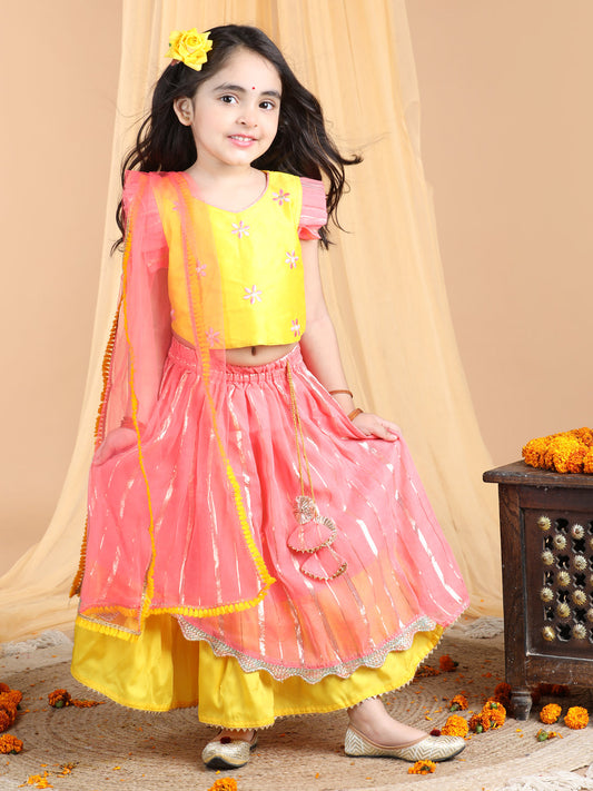 Yellow and pink lehenga top and dupatta