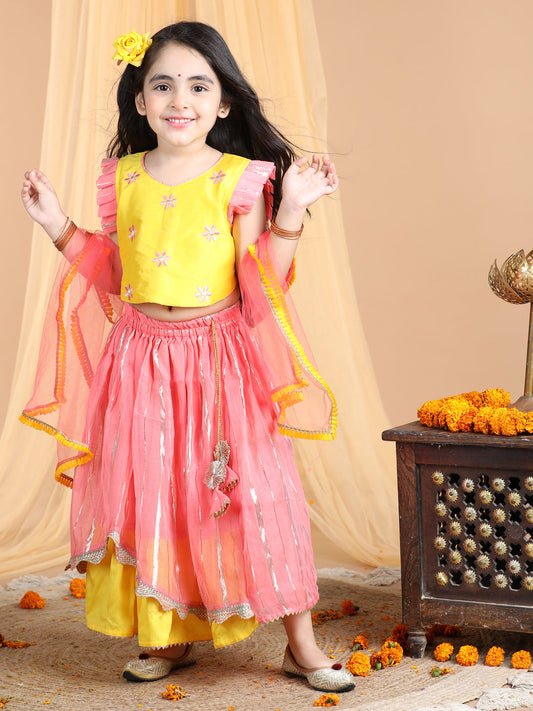 Yellow and pink lehenga top and dupatta