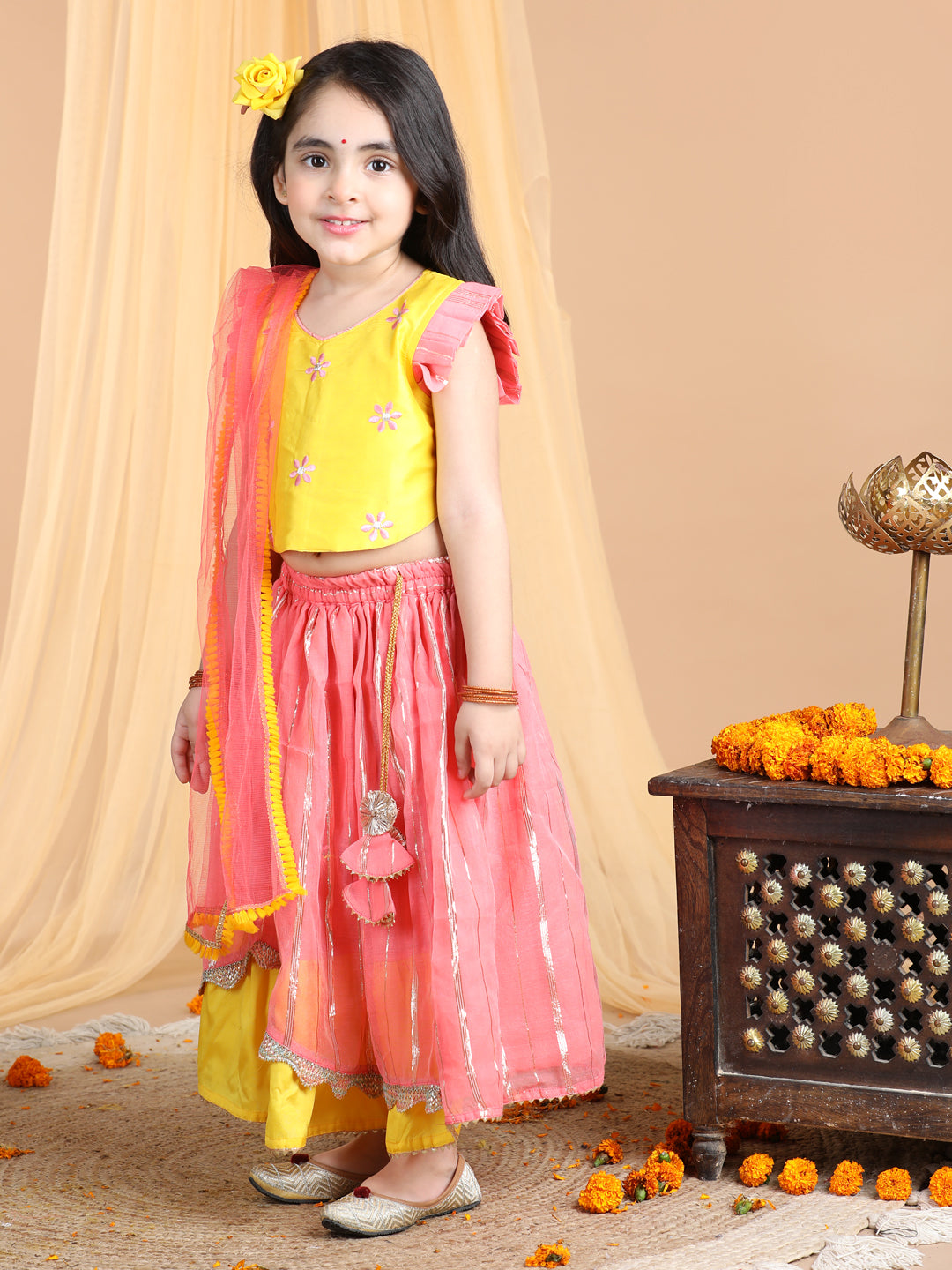 Yellow and pink lehenga top and dupatta