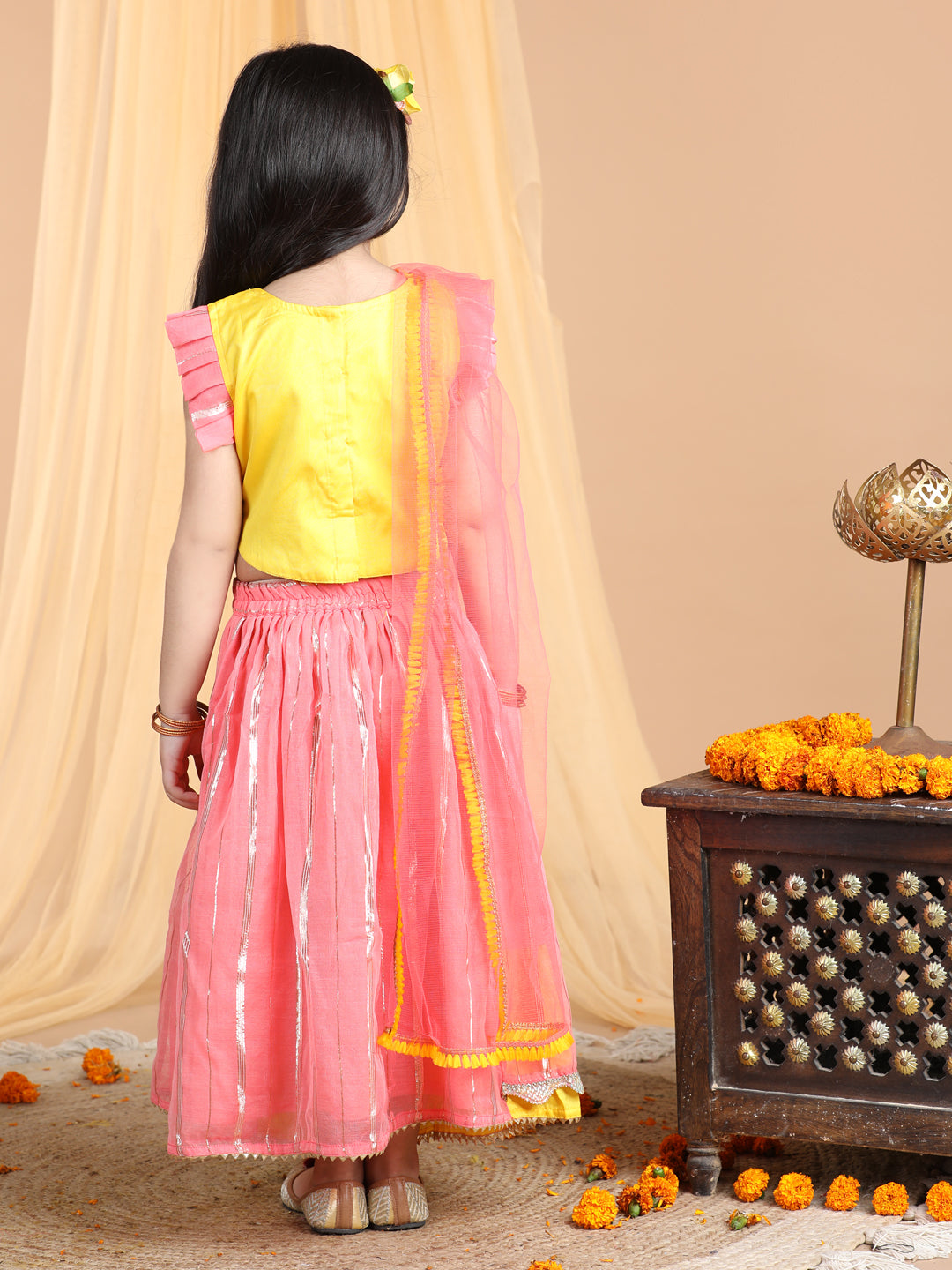 Yellow and pink lehenga top and dupatta