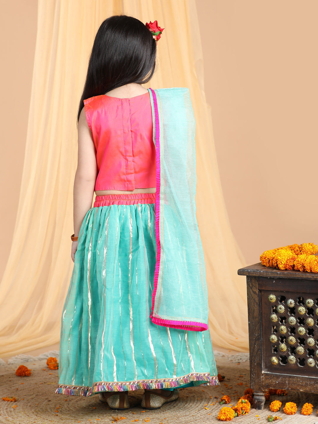 Pink Top with green gold printed lehenga and dupatta