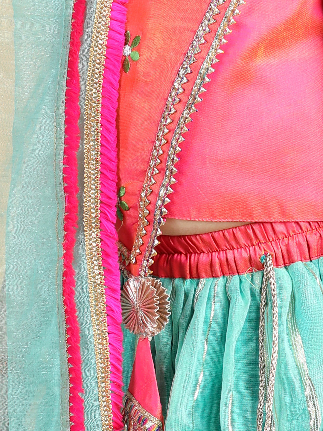 Pink Top with green gold printed lehenga and dupatta