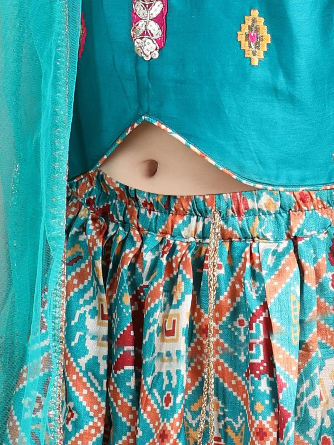Embroidered Top with printed patola lehenga and dupatta