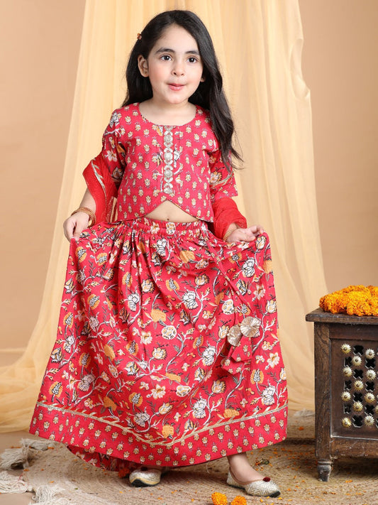 Floral printed Lehenga paired with lace work top and dupatta