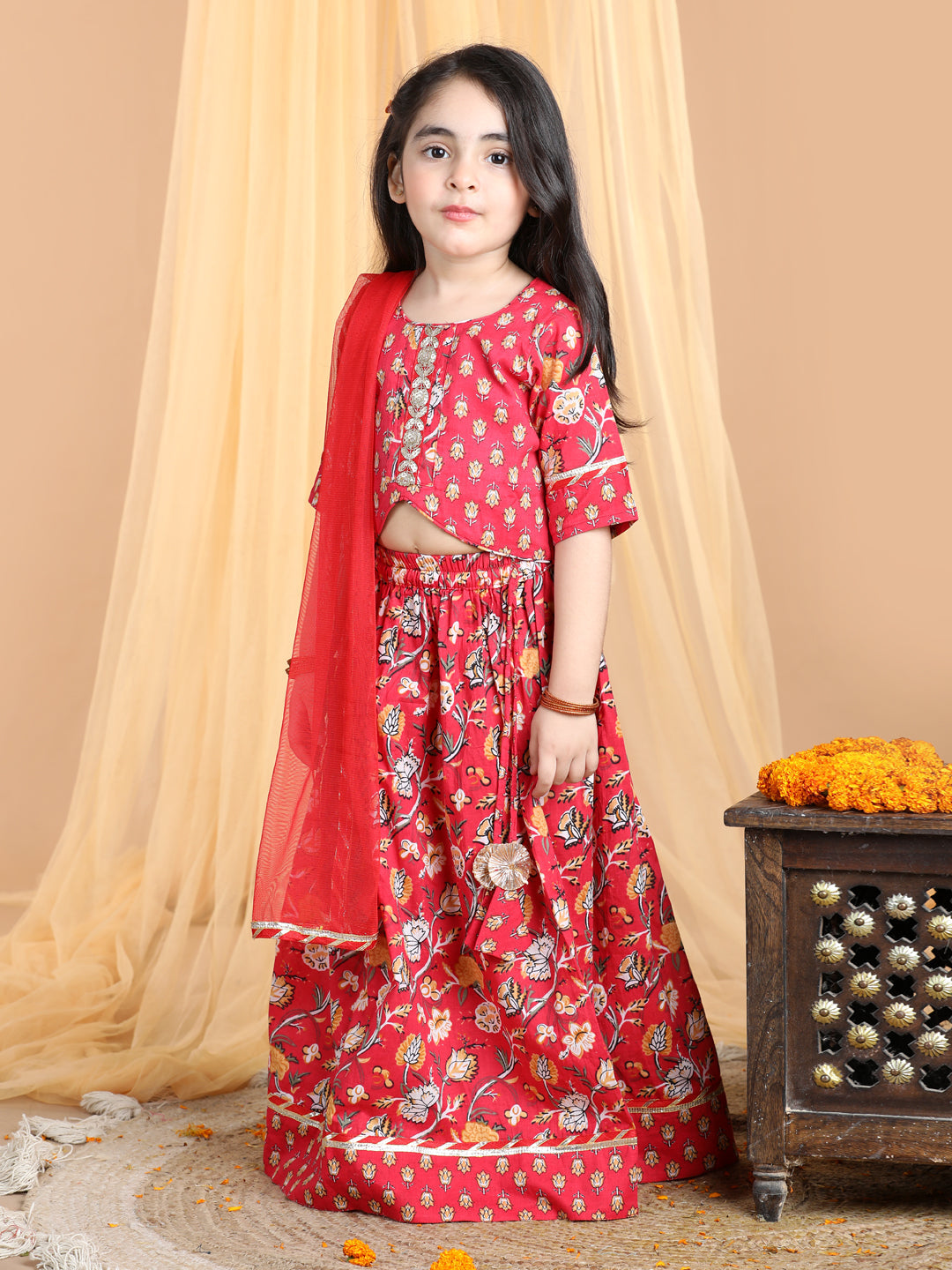 Floral printed Lehenga paired with lace work top and dupatta