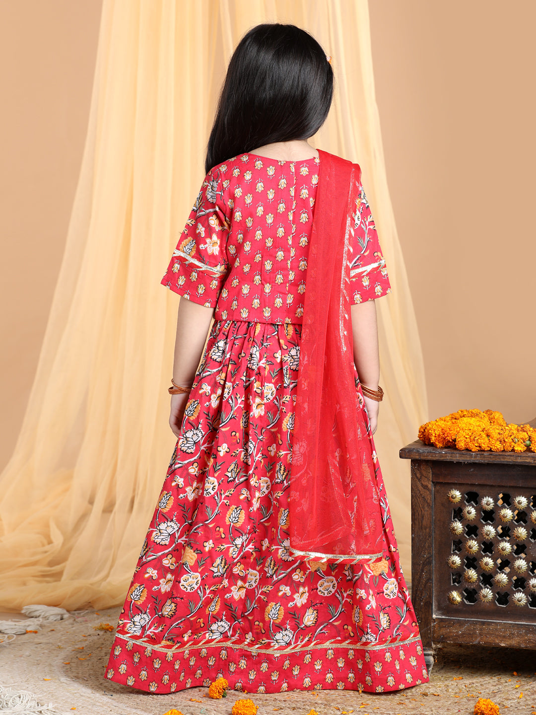 Floral printed Lehenga paired with lace work top and dupatta