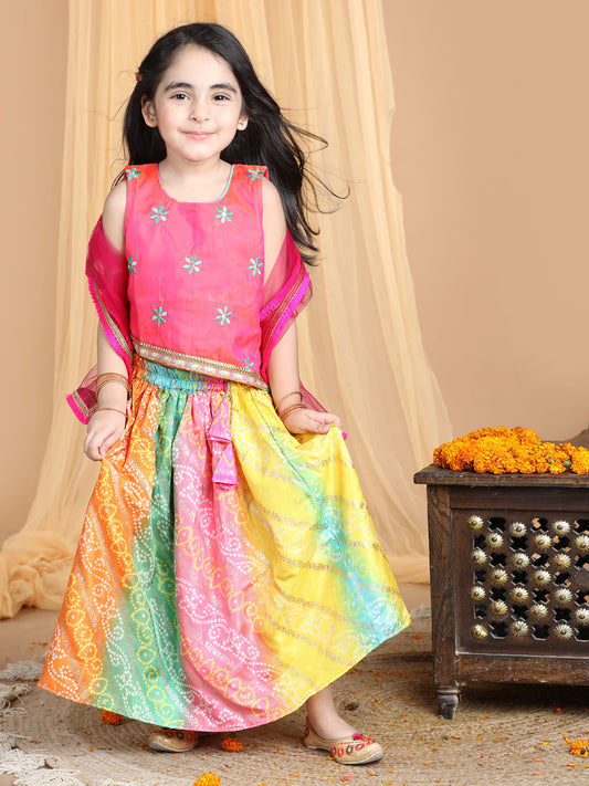 Pink Top with multi color gold printed lehenga and dupatta