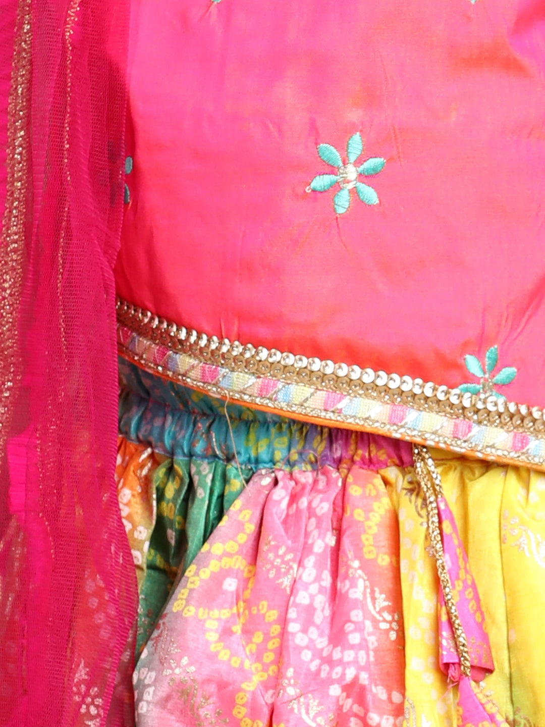 Pink Top with multi color gold printed lehenga and dupatta