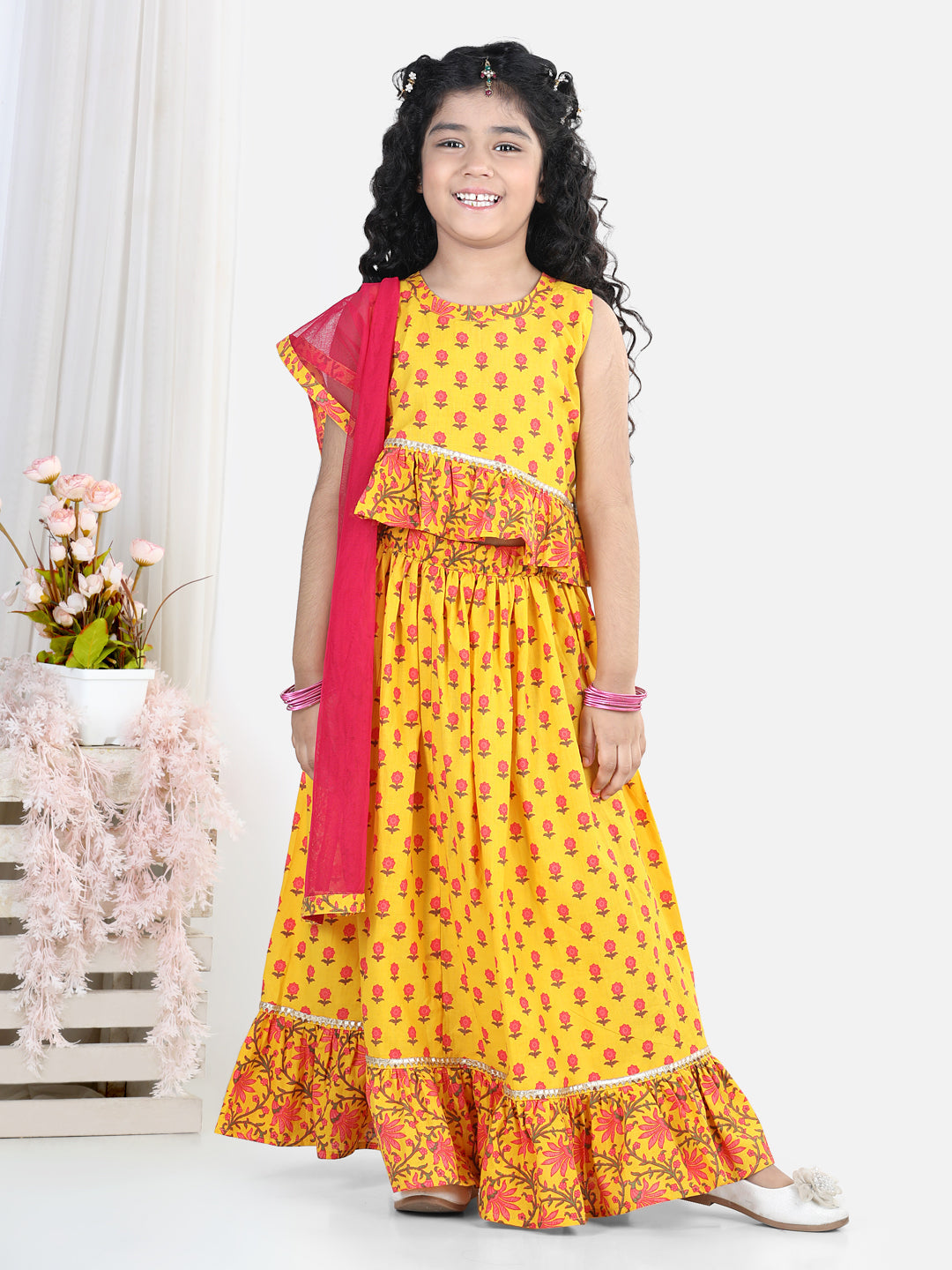 Sleeveless Floral Printed Frilled Top With Skirt & Dupatta