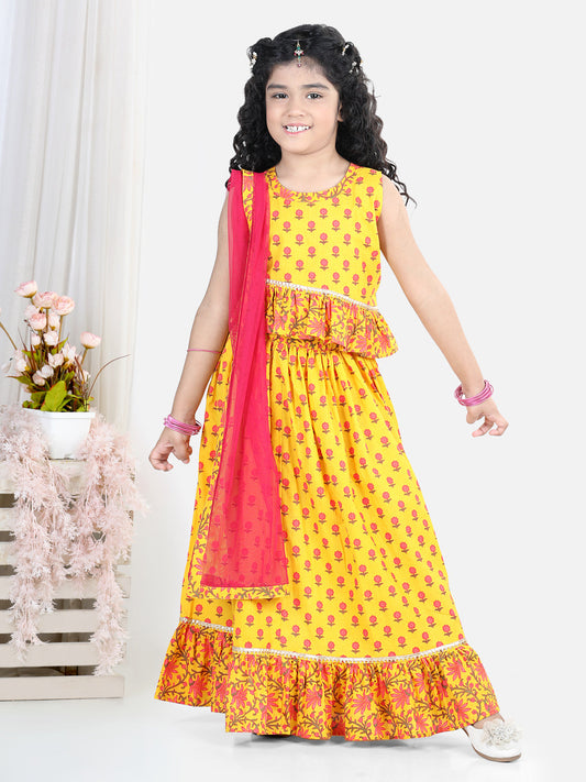 Sleeveless Floral Printed Frilled Top With Skirt & Dupatta