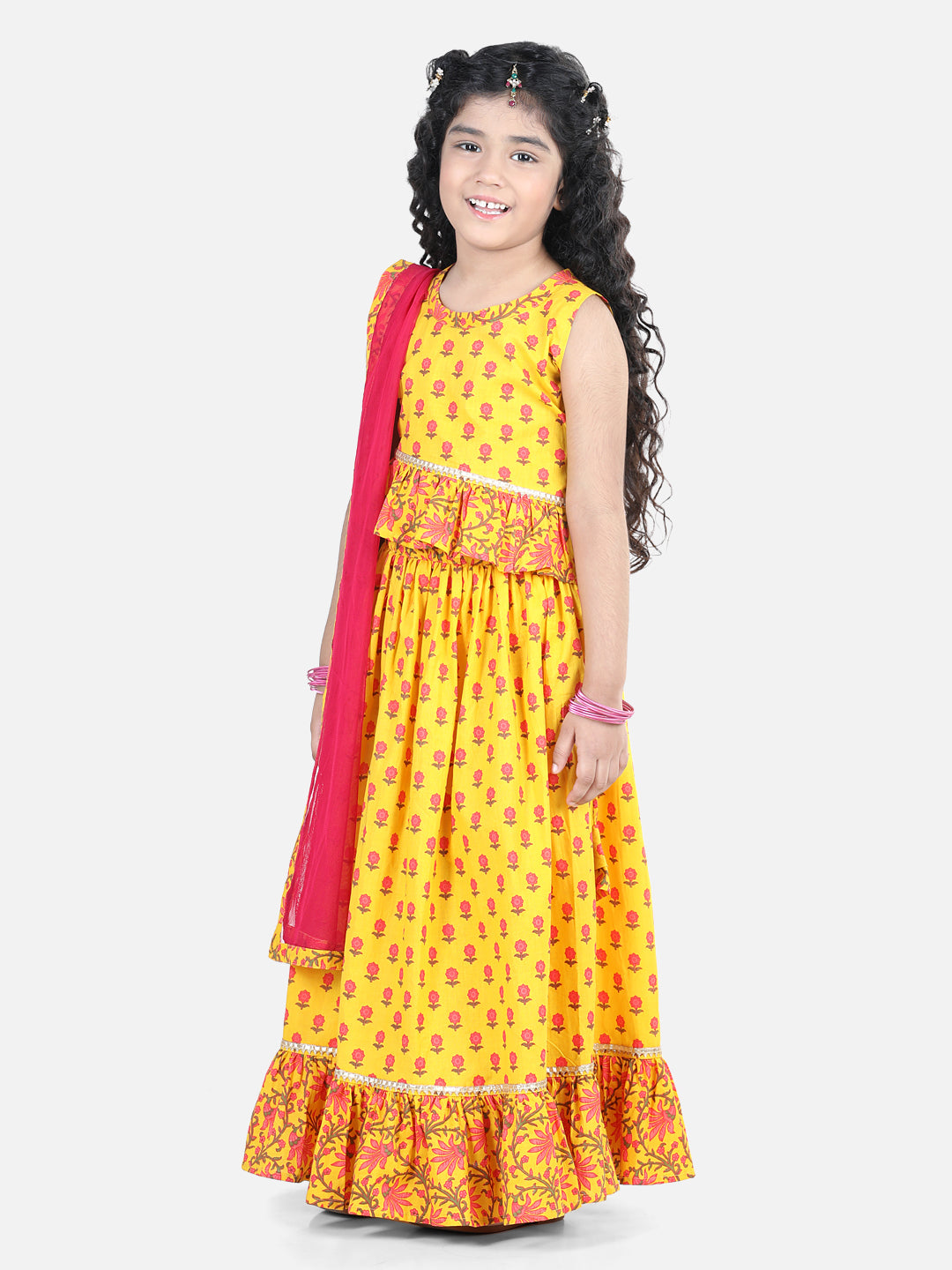 Sleeveless Floral Printed Frilled Top With Skirt & Dupatta