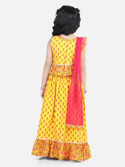 Sleeveless Floral Printed Frilled Top With Skirt & Dupatta