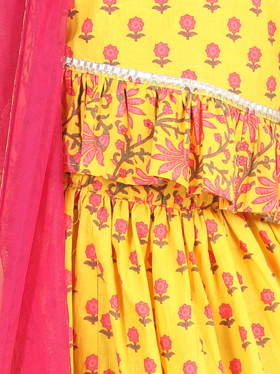 Sleeveless Floral Printed Frilled Top With Skirt & Dupatta