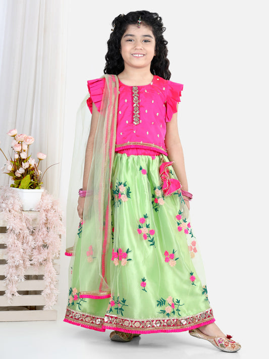 Pink Top With Embroidered Net Lehenga And Dupatta