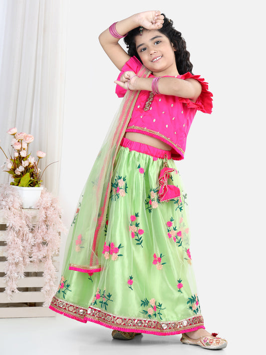 Pink Top With Embroidered Net Lehenga And Dupatta