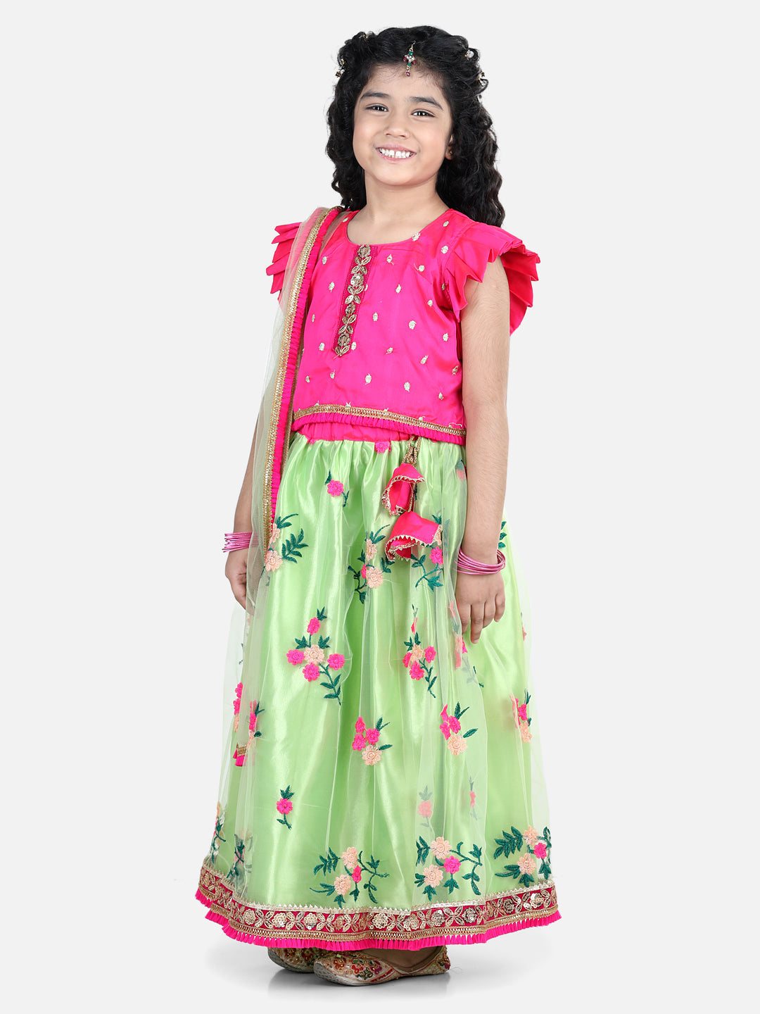 Pink Top With Embroidered Net Lehenga And Dupatta