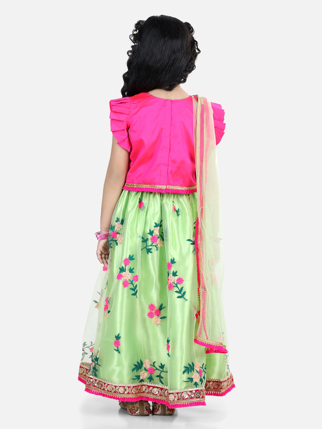 Pink Top With Embroidered Net Lehenga And Dupatta