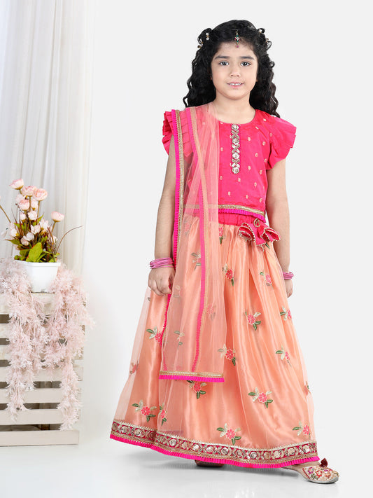Pink Top With Embroidered Net Lehenga And Dupatta