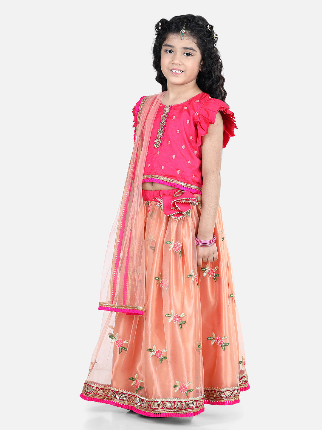 Pink Top With Embroidered Net Lehenga And Dupatta