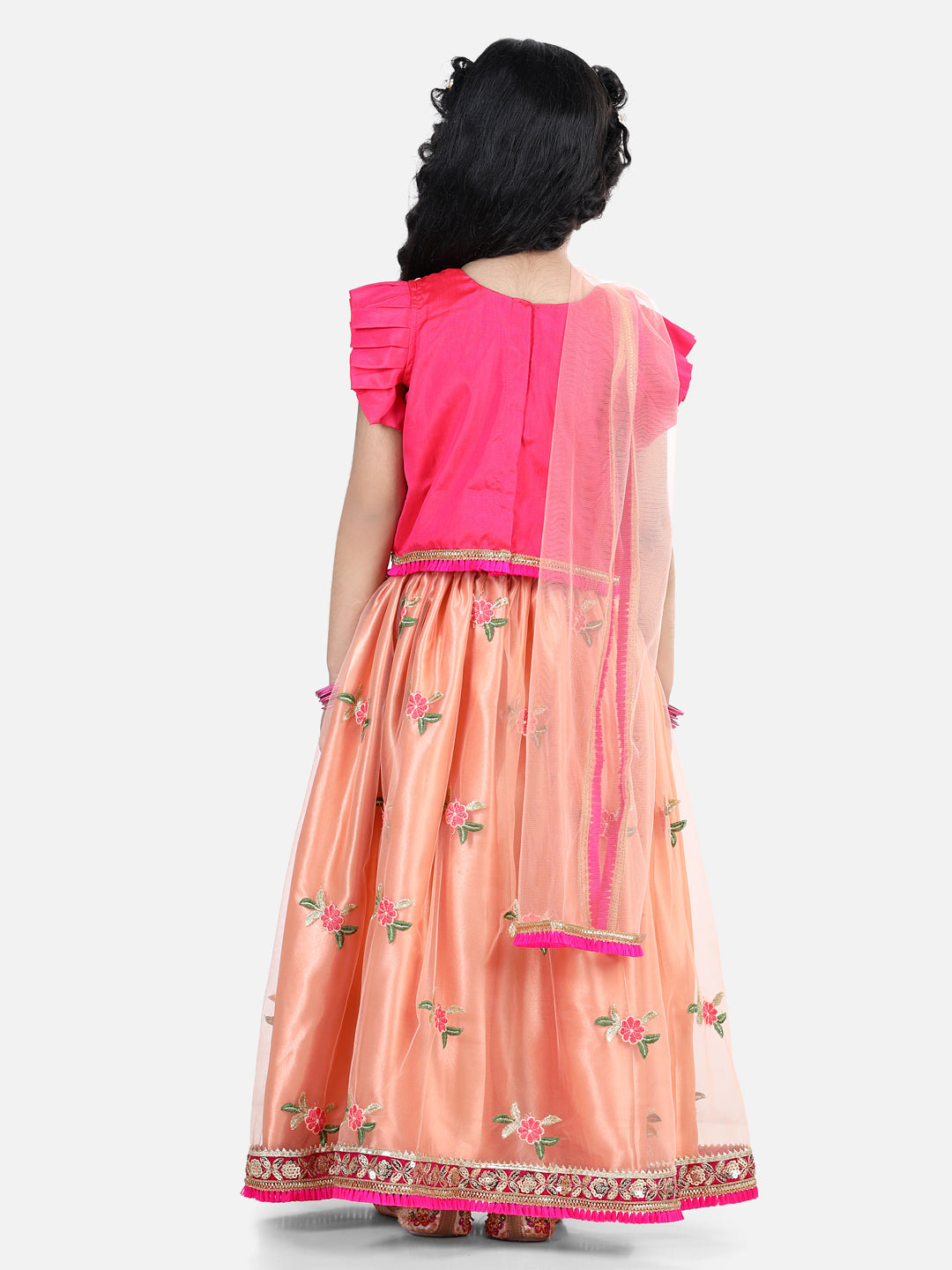 Pink Top With Embroidered Net Lehenga And Dupatta