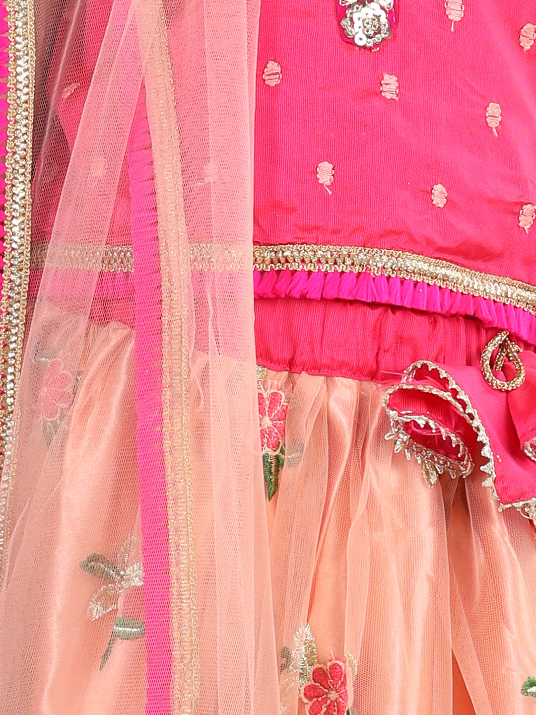 Pink Top With Embroidered Net Lehenga And Dupatta