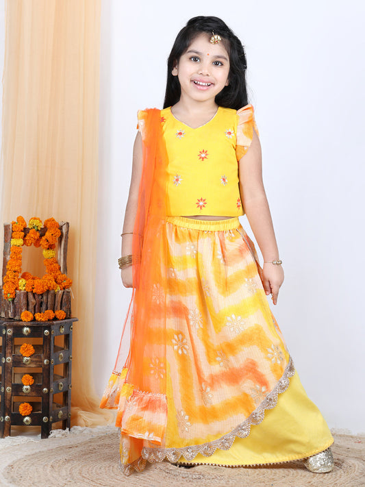 Yellow Foil Embellished Double Layered Lace Work Skirt With Embroidered Top And Dupatta