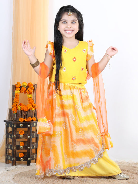 Yellow Foil Embellished Double Layered Lace Work Skirt With Embroidered Top And Dupatta