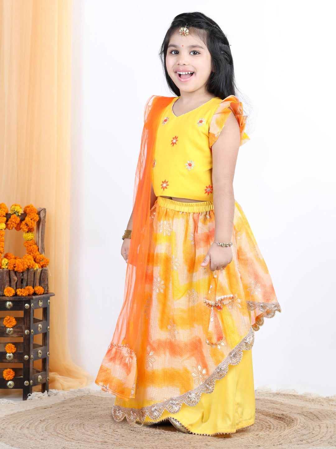 Yellow Foil Embellished Double Layered Lace Work Skirt With Embroidered Top And Dupatta