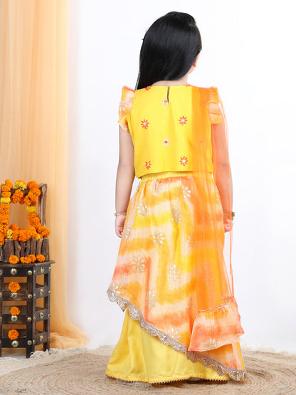 Yellow Foil Embellished Double Layered Lace Work Skirt With Embroidered Top And Dupatta